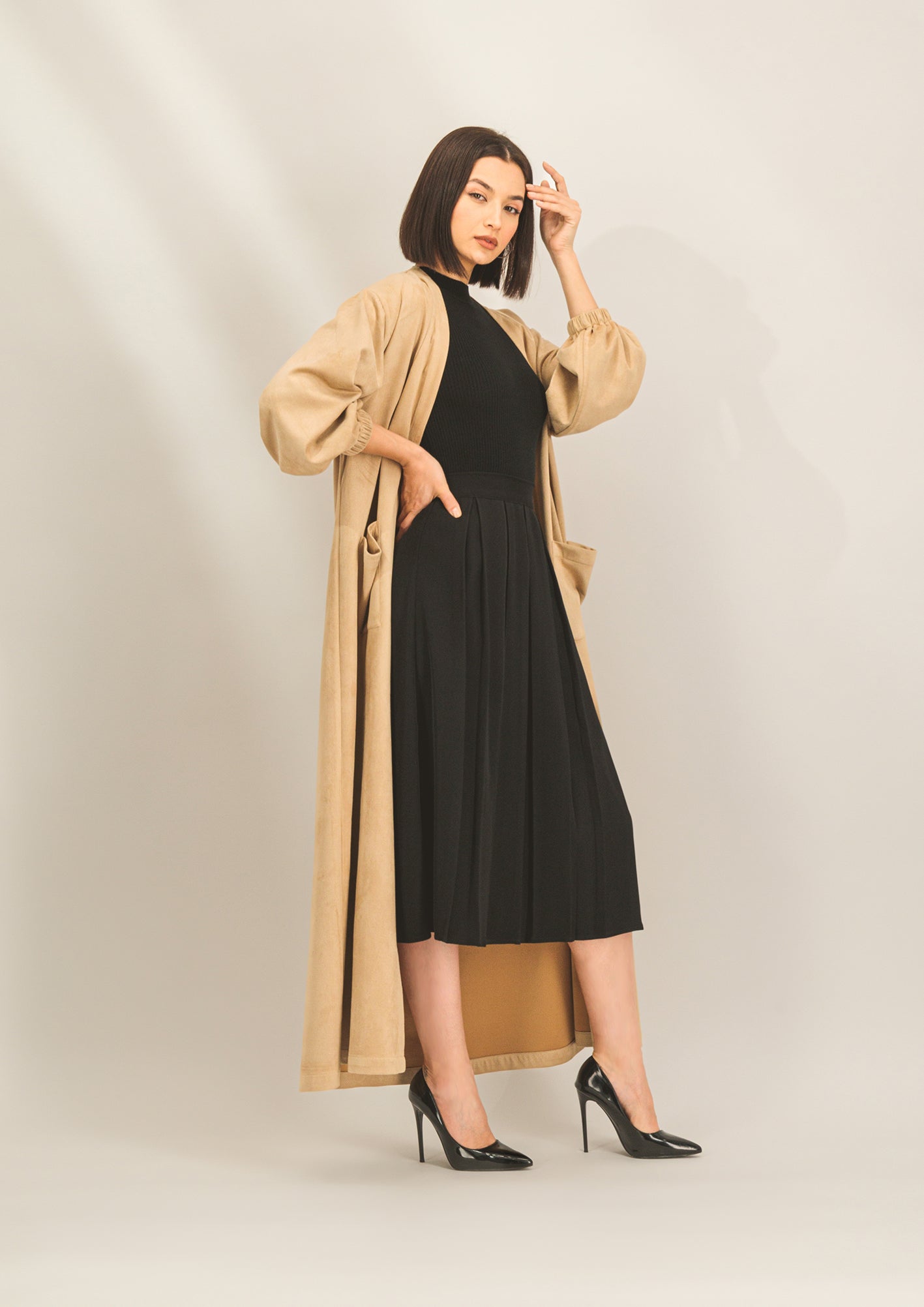 Soft Faux Suede Abaya With Bishop Sleeves With Pockets