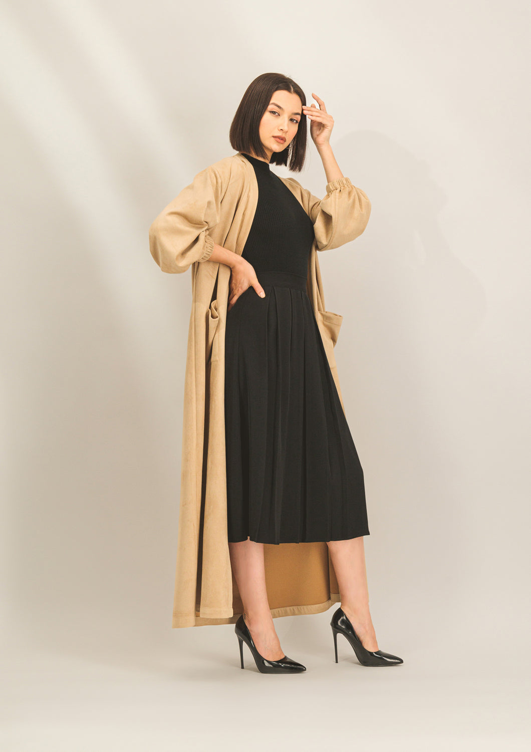 Soft Faux Suede Abaya With Bishop Sleeves With Pockets Soft Faux Suede Abaya With Bishop Sleeves With Pockets