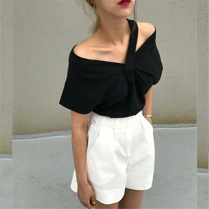 V neck Off Shoulder sling short sleeved T-shirt available at Style Your Armoire Style Your Armoire
